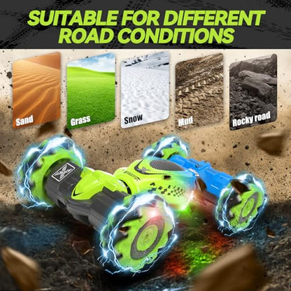 Dysaim Gesture RC Car Hand Controlled Stunt Car for 6-12 yr Boys Girls, 2.4GHz Remote Control Gesture Sensor Toy Drift Twist with Light Music for Kids Birthday Xmas Gift - color: Geen-blue