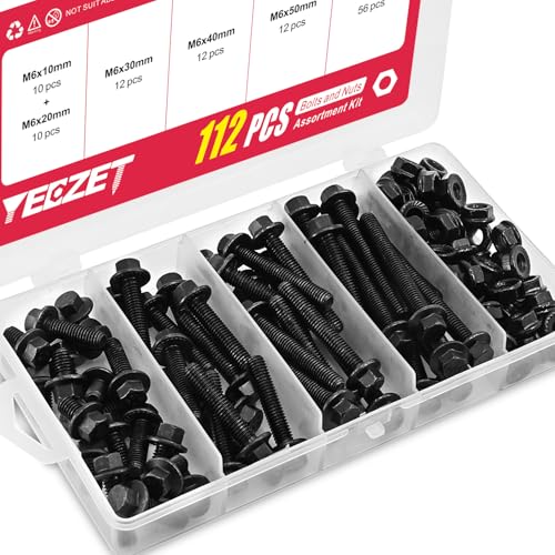 Flanged Hex Head Bolts and Nuts Kit, Black Alloy Steel Grade 10.9, 112 Pieces, M6 x 1mm, Black Oxide Finish - color: 112PCS M6 Bolts and Nuts Kit