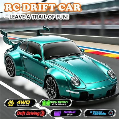 RC Drift Car, 1:24 Scale Remote Control Vehicle with LED Lights,Drifting Tires＆Two Batteries, Racing Sports Toy Idea Gift for Adults Boys Girls and Kids (Lake Blue) - color: Lake Blue