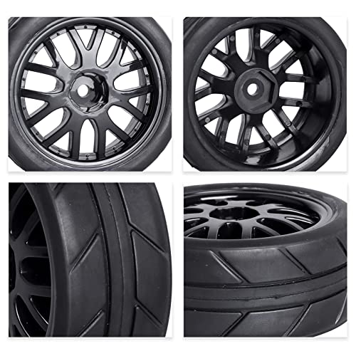Pre-Glued OD 2.56" 12mm Hex Wheels Rims & Rubber Tires 26mm for 1/10 Scale On Road Racing Car Drift RC Touring Car, Set of 4 (Color C) - color: Color C
