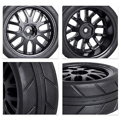 Pre-Glued OD 2.56" 12mm Hex Wheels Rims & Rubber Tires 26mm for 1/10 Scale On Road Racing Car Drift RC Touring Car, Set of 4 (Color C) - color: Color C