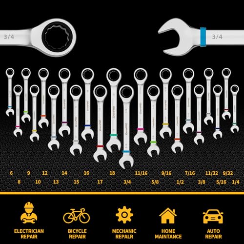 GRENPRO 23PC Ratcheting Combination Wrench Set SAE Metric Mechanic Tools | 1/4"-3/4"&6-18MM with Bolt Gauge, CR-V Steel 72-Tooth 5-Degree Swing 12Pt, Color Rings, Roll Pouch for Auto & Home Repair - style: 23PCS Ratcheting Wrench Set Metric&SAE With Color