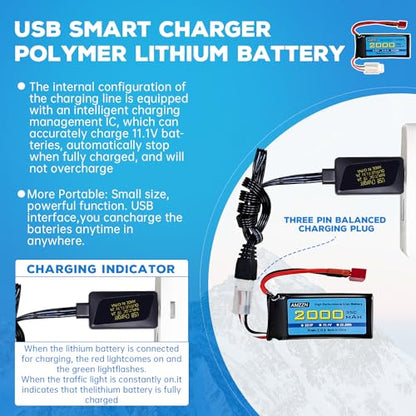 3S Lipo Battery 11.1V 2000mAh 35C with T-Plug and USB Charging Cable for RC Cars,Trucks,RC Ships,RC Drones,Quadcopters,FPV UAV Batteries (1PCS Battery+1 USB)