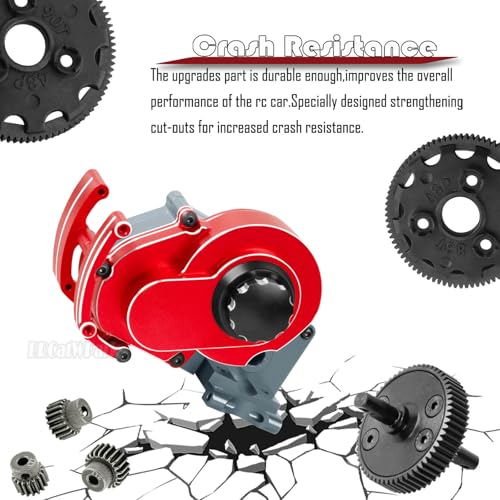 Transmission Case Gearbox w/Spur Gear Upgrades Part for 1/10 Slash/Stampede/Bandit/Rustler 2WD (VXL),RC Aluminum Transmission Gearbox Hops Up,Red & Titanium - color: Red - (Gear Gearbox)