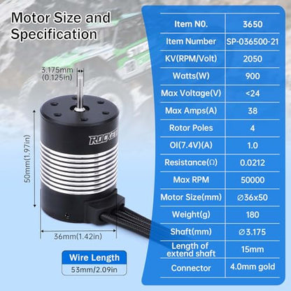 SurpassHobby Waterproof K3650 2050KV Brushless Motor 3.175mm Shaft with 60A Brushless ESC Electric Speed Controller Combo Set for 1/10 Remote Control Car Truck - size: 2050kv