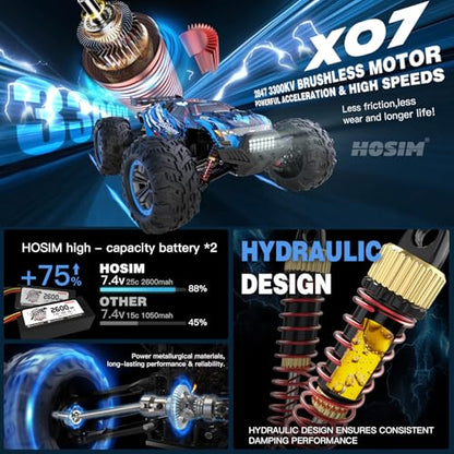 Hosim Brushless RC Cars, 1:10 68+ KMH High Speed Remote Control Car for Adults Boys, 4X4 All Terrains Waterproof Off Road Hobby Grade Large Fast Racing Buggy Toy Gift Monster Trucks - color: Blue+red