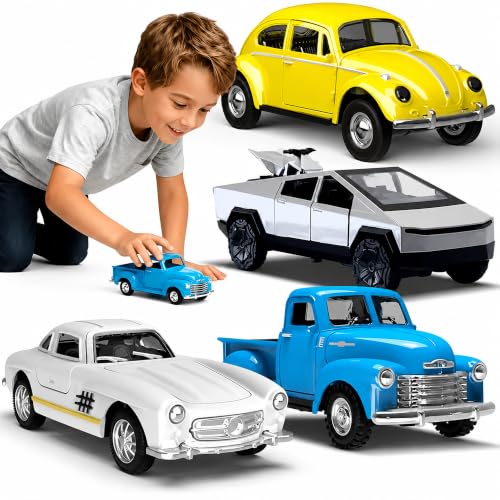 1:32 Die Cast Pull Back Truck Toys for Kids, Alloy Toy Cars with Openable Doors, Road Signs & Map Playset, Birthday Gift for Boys Girls Ages 3-8 - size: Alloy car 4-piece set