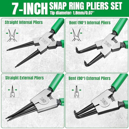 SK 4-Piece Snap Ring Pliers Set, 7-Inch Internal/External Circlip Pliers | C Clip Pliers with Straight/Bent Jaw, 0.07'' Tip Diameter, Premium CR-V Steel, with Zipper Pouch - style: 4-Piece Set