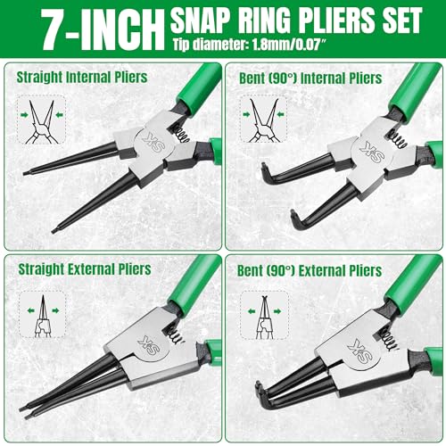 SK 4-Piece Snap Ring Pliers Set, 7-Inch Internal/External Circlip Pliers | C Clip Pliers with Straight/Bent Jaw, 0.07'' Tip Diameter, Premium CR-V Steel, with Zipper Pouch - style: 4-Piece Set