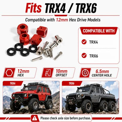 4PCS 12mm Hex Hub 10mm Offset Wheel Hex Extension for Traxxas TRX4 TRX6 | CNC Metal Wheel Spacer for RC Crawlers Helps Increase Track Width and Side-Hill Stability Reduce Vibration Add Tire Clearance - color: red