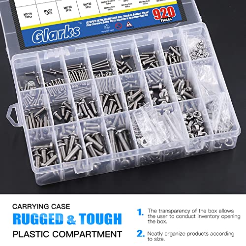 Glarks 925Pcs M2 M3 M4 M5 M6 Button Head Screws 304 Stainless Steel Hex Socket Cap Screws Bolts and Nuts Washers Assortment Kit with Hex Wrench for Machinery Furniture Car Repair - size: M2/M3/M4/M5/M6 screw assortment kit