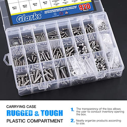 Glarks 925Pcs M2 M3 M4 M5 M6 Button Head Screws 304 Stainless Steel Hex Socket Cap Screws Bolts and Nuts Washers Assortment Kit with Hex Wrench for Machinery Furniture Car Repair - size: M2/M3/M4/M5/M6 screw assortment kit