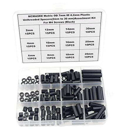 Metric OD 7mm ID 4.2mm Plastic Unthreaded Spacers(2mm to 30 mm) Assortment Kit for M4 Screws;Clearance Spacers;Round Spacers(Black) - size: OD 7mm ID 4.2mm