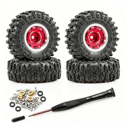 0.7” Wheel & Crawler Terrain Tire Set for 1/30 RC Crawler, -1.00mm Offset, Axial SCX30 & Redcat Ascent-32, CNC Aluminum Rims, 5mm Hex, Shims Screwdriver Included, Pre-Assembled, 4 pcs, Red - color: Red-1, size: Rock-trail-clean-out