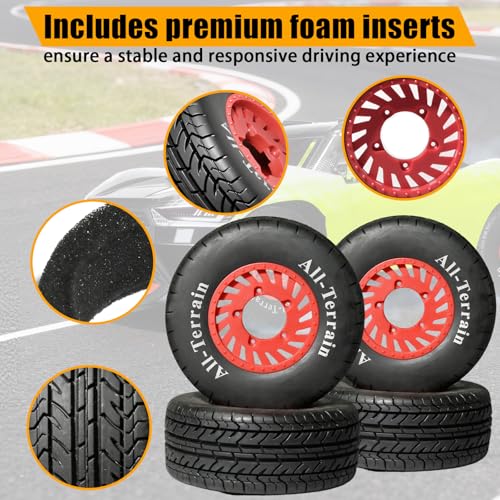 1/10 RC Short Course Truck Rubber Tires & Nylon Rims - 12mm/17mm Hex, Red | All-Terrain Tires and Wheels Compatible with 1/10 Traxxas Slash 4WD 2WD Arrma Senton Axial Losi Redcat RC Buggy, 4-Pack - color: Red