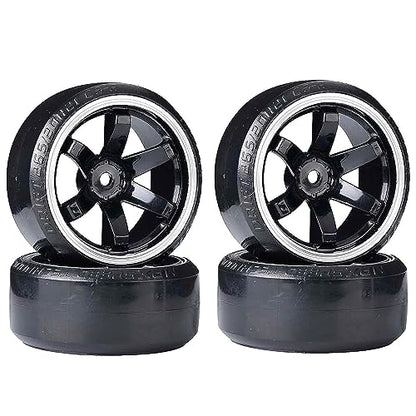 4Pcs 63mm RC Drift Car Tires Hard Tyres Plastic Wheel Rims for 1/10 On-Road Drifting Car for HSP Tamiya HPI Kyosho Spare Parts(Black/Silver) - color: Black/Silver