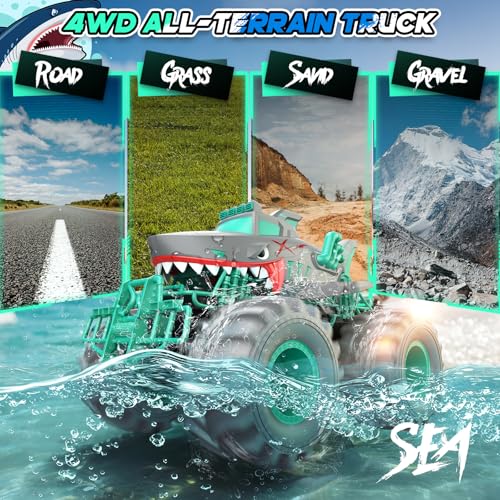 Waterproof Shark Remote Control Car, 1:16 Amphibious RC Cars 4WD All Terrain Off Road Monster Trucks Toys, RC Truck Pool Toys for Kids 3-5 6-8 8-12 Year Old Boy Birthday Gift, Gray - color: Gray