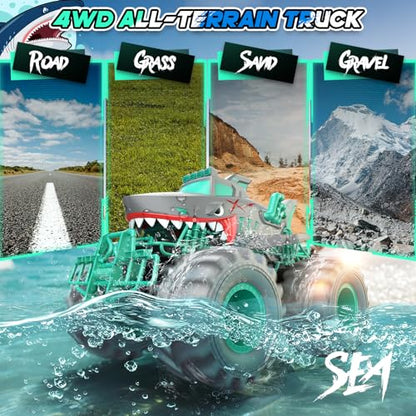 Waterproof Shark Remote Control Car, 1:16 Amphibious RC Cars 4WD All Terrain Off Road Monster Trucks Toys, RC Truck Pool Toys for Kids 3-5 6-8 8-12 Year Old Boy Birthday Gift, Gray - color: Gray