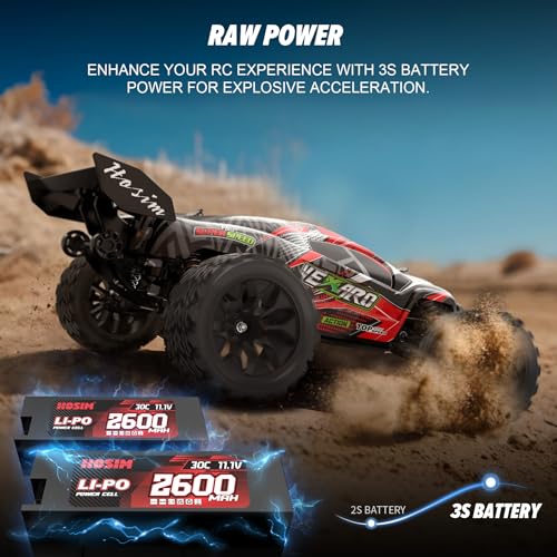 Hosim Mini 1:8 Brushless RC Cars for Adults, VEXARO 50+MPH Fast RC Trucks | 3660 3100KV Brushless Motor & 80A ESC, 2* 2600mAh 3S Lipo, Chrome Steel Central Transmission, All-Metal Oil-filled Shocks - color: Red