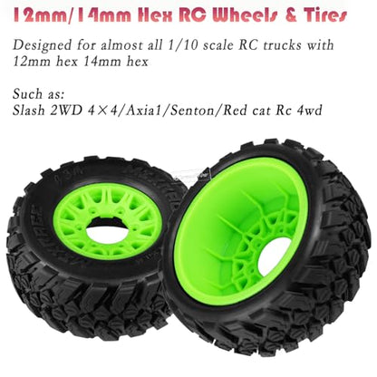 RC 12mm/14mm Hex RC Wheels and Tires for 1/10 Slash 2WD 4×4 4wd,Senton Axia1 Red cat Rc 4wd,Rc Truck Tires Snow Tires Desert Tires,4PCS,Green - color: Green(4pcs)