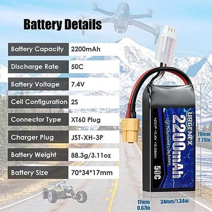 2S Lipo Battery 2200mAh 7.4V RC Battery with XT60 Plug 50C(Burst 80C) High Discharge Rate with Charger Fit for RC Car Truggy Airplane FPV Drone UAV Quadcopter Helicopter Racing Model