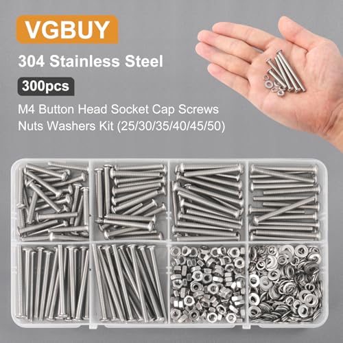 VGBUY 300pcs M4 Screws Assortment, M4 Screws Bolts for 3D Printer DIY, Hex Button Head Cap Screw Bolts Nuts Washer Kit, 304 Stainless Steel, 25/30/35/40/45/50mm - size: M4x25/30/35/40/45/50mm, style: Button Head