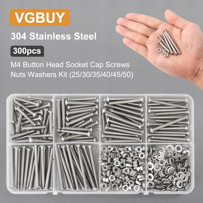 VGBUY 300pcs M4 Screws Assortment, M4 Screws Bolts for 3D Printer DIY, Hex Button Head Cap Screw Bolts Nuts Washer Kit, 304 Stainless Steel, 25/30/35/40/45/50mm - size: M4x25/30/35/40/45/50mm, style: Button Head