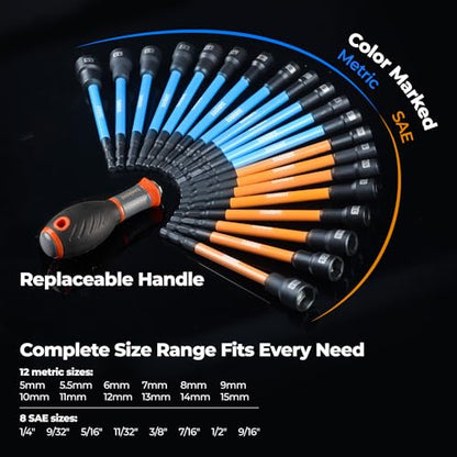 toolant Extra Long Magnetic Nut Driver Set, Metric & SAE, 21-Piece | Strengthened magnetic retention, easier screw pickup, impact-driver use, repeated-use fastening, multi-size set - style: 21pcs Extra Long