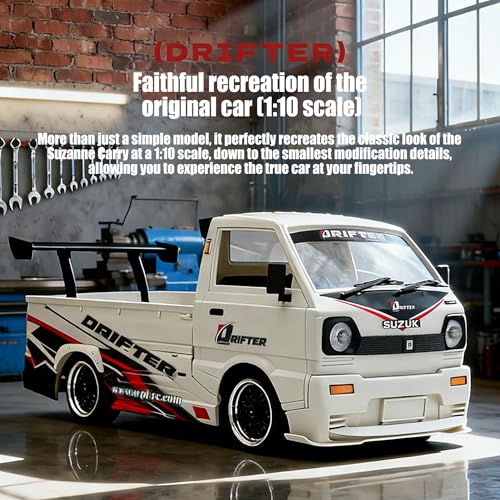 WPL D-14S RC Kei Truck, 1:10 Scale Suzuki Carry Kei Drift Truck- Brushless 4000KV Motor, 25km/h, Swappable Drift/Racing Tires, LED Lights, RTR RC Drift Truck for Hobbyists
