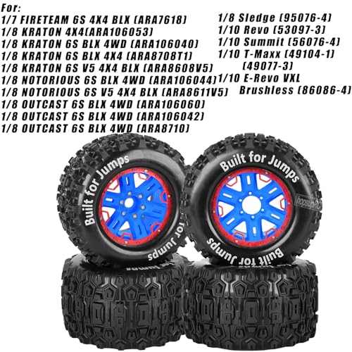 RC Truck Tires 1/8 17mm Hex RC Wheel Tires for 1/8 Monster Truck Tires Traxx as/Arrm a 6S/Summi t/ERveo/Redc at/HPI JLB Cheetah RC Off-Road etc,Hard Plastic Rubber Tyres,Red&Blue - color: Red With Blue(4PCS）