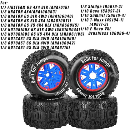 RC Truck Tires 1/8 17mm Hex RC Wheel Tires for 1/8 Monster Truck Tires Traxx as/Arrm a 6S/Summi t/ERveo/Redc at/HPI JLB Cheetah RC Off-Road etc,Hard Plastic Rubber Tyres,Red&Blue - color: Red With Blue(4PCS）