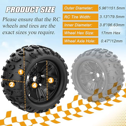 17mm Hex RC Wheels and Tires 4PCS RC Truck Buggy 3.8 Tires Wheels for 1/8 1/10 Scale Arrma Kraton Notorious Outcast Typhon 6S 4S 3S Traxxas Maxx T Maxx Sledge Revo 3.3 Tires Wheels Preglued