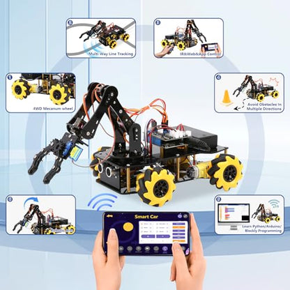 ACEBOTT 5DOF Smart Robot Arm Car Kit, 4WD Remote Control Car Compatible with Arduino/Python/Blockly Programming Project/STEM Education/Science Coding Kit for 12+ Teens and Adults Unique Gifts - color: Yellow