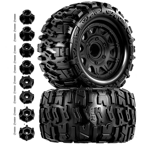 STMU 12mm/14mm Hex RC Wheels & Tires Set for 1/10 RC Trucks - Compatible with Traxxas Rustler, Stampede, Hoss 2WD/4X4 VXL, Arrma, Redcat, RIAARIO, AMORIL - 4PCS (Black) - color: Black
