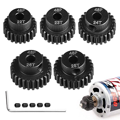 AIMROCK 5-Pack 48P RC Motor Pinion Gears Set: 22T 23T 24T 25T 26T Upgrade Parts for 1/10 RC Car 3.175mm Shaft Motor - size: 22T 23T 24T 25T 26T