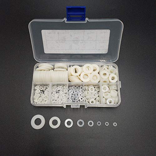 LGEGE Clear Pack of 480 White Nylon Flat Washer Assortment Shim Kit for M2 M2.5 M3 M4 M5 M6 M8 M10 Screw Bolt, Round Insulation Spacer