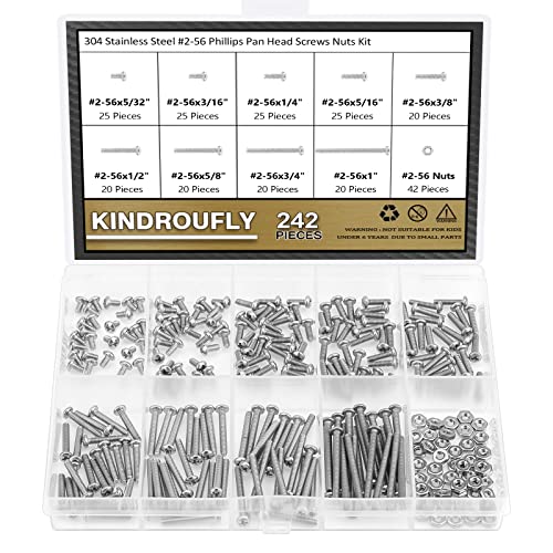 242 Pieces #2-56x 5/32", 3/16", 1/4", 5/16", 3/8", 1/2", 5/8", 3/4", 1", Phillips Pan Head Machine Screws Nuts Assortment Kit, 304 Stainless Steel, Fully Machine Thread - size: #2-56