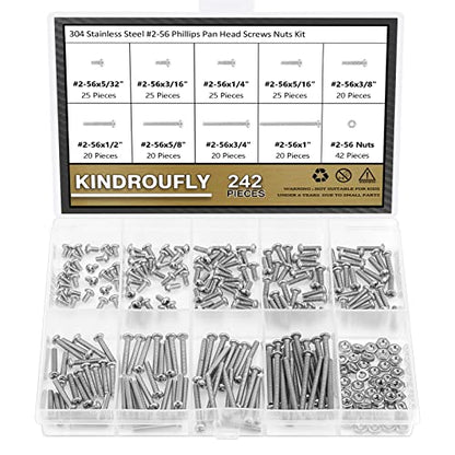 242 Pieces #2-56x 5/32", 3/16", 1/4", 5/16", 3/8", 1/2", 5/8", 3/4", 1", Phillips Pan Head Machine Screws Nuts Assortment Kit, 304 Stainless Steel, Fully Machine Thread - size: #2-56