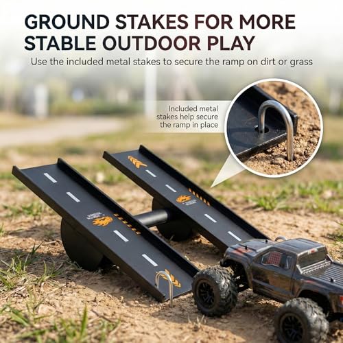 RC Car Ramp, 3 Ways to Play RC Jump Ramp for 1/16 1/14 1/12 1/10 RC Cars, Includes Metal Ground Stakes, Compact Stunt Ramp for Controlled Jumps, Balance Play and Backyard RC Fun