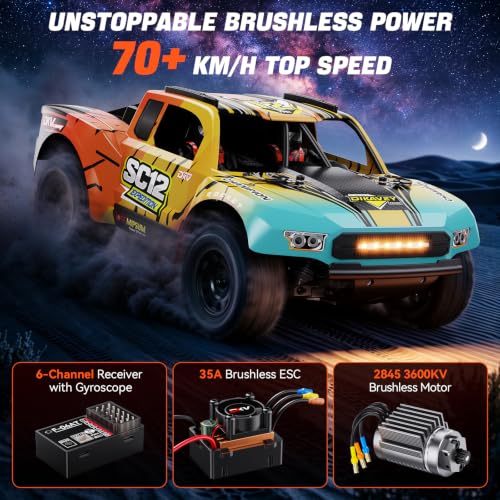1/12 Brushless Remote Control Car RTR, 42MPH (70+Km/H 4WD Rc Short-Course Truck, Amateur-Level Rc Drift Car, Equipped with 3s 2200 Mah Battery, All-Terrain Tires, Suitable for Adults-Blue - color: Yellow