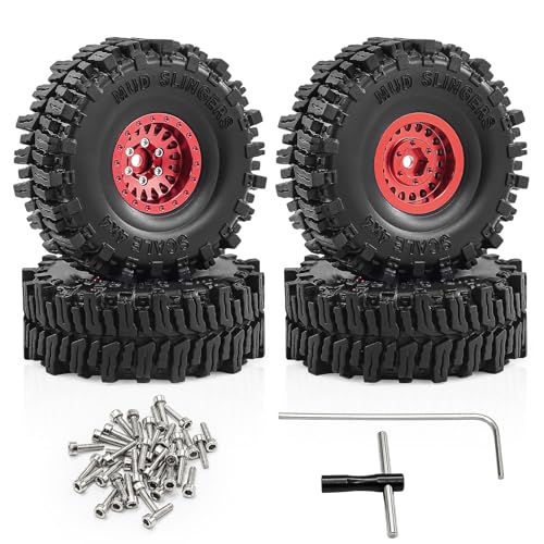 1.0" Aluminium Beadlock Wheels and Tires 64x23mm for 1/24 Axial SCX24, 1/18 TRX4M RC Crawler – Upgrade Parts (Red, 4pcs) - color: Red