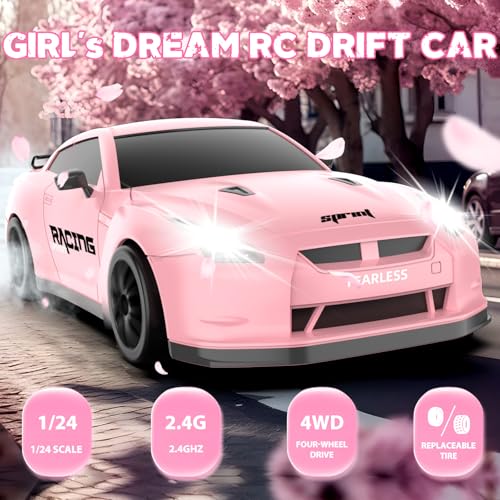 RC Drift Car, 1/24 Pink Remote Control Car for Girls, 2.4GHz 4WD High Speed Drifting RC Cars with LED Light and Drift Tires, Racing Toy Cars for Kids Adults Girl Boys, Pink - color: Pink
