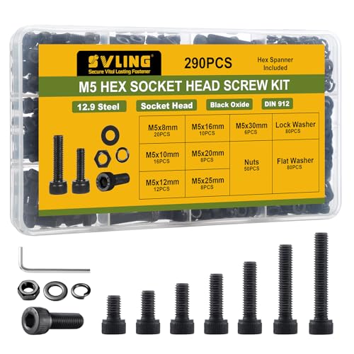290Pcs M5 Screws Assortment Kit,Hex Socket Head Cap Screws Bolts Nuts Washer Set,12.9 Grade Alloy Steel,Black Oxide M5 x 8/10/12/16/20/25/30mm,for 3D Printer,DIY Project - size: M5 290PCS Socket Black