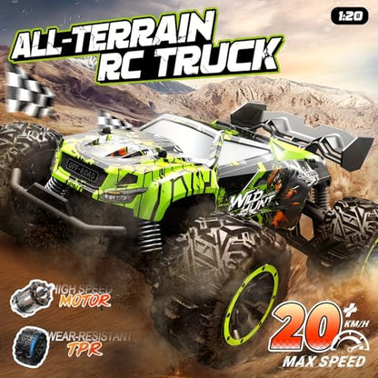 1/20 Scale Fast RC Cars, 20KM/H 4WD Off-Road High Speed Remote Control Trucks for Adults and Kids Boys, All Terrain Truck Toys Gifts Green