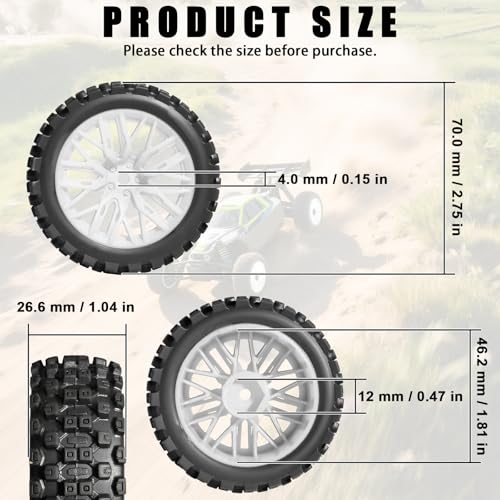 4PCS Pre-Glued RC Crawler Car Rubber Tires and Plastic Wheels Set, 70mm*26mm Tires and Rims with 12mm Hex Fits for ARRMA 1/14 1/16 1/18 Granite/Typhon Grom RC On/Off Road Crawler Truck Car (White) - color: White