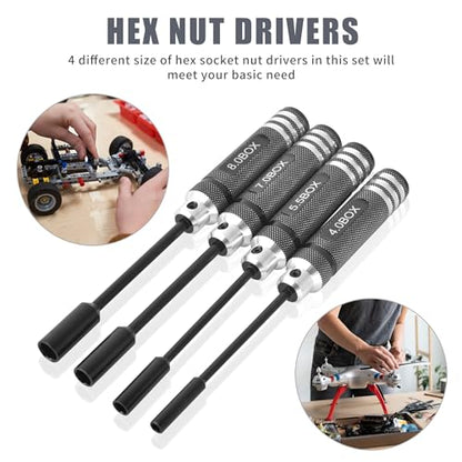 4pcs Premium RC Hex Nut Drivers Socket Set (4.0/5.5/7.0/8.0) mm | Durable Steel Hex Nut Socket Screwdrivers for Quick Precise RC Tool Kit with Replaceable Tips for RC Hobby Car Truck Airplane