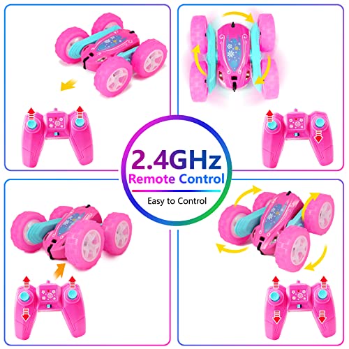 FREE TO FLY Remote Control Car for Girls : Pink RC Car Double Sided 360°Flip Stunt Cars with Headlights & WheelLights Rechargeable Toy Car Birthday Gifts for Girl Kids Age 6 7 8 9 10 11 12 Year Old - color: Pink Rose