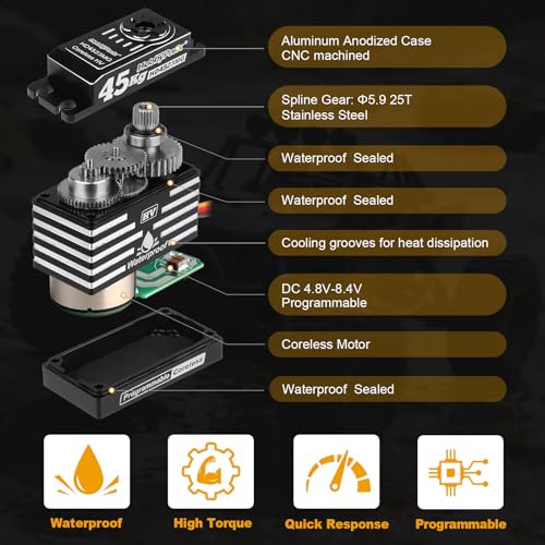 HobbyPark Waterproof RC Servo High Torque Coreless Motor Metal Gear Digital Servo Aluminum Case Parts for 1/8 1/10 RC Crawler SCX10 TRX4 RC Truck RC Car Buggy Basher Control Angle 180° (45kg Torque)