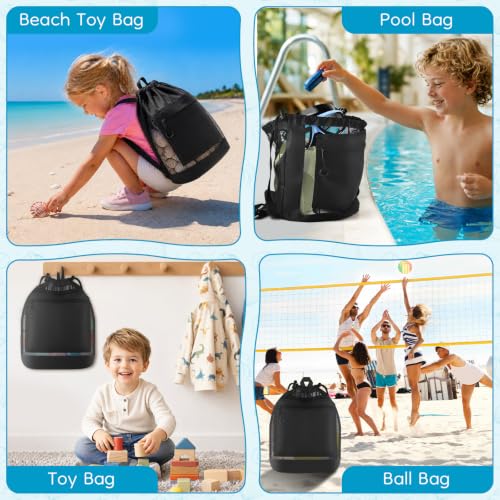 BROTOU Pool Toys Bag, Mesh Beach Bag Drawstring Toys Bag | Swim Pool Toys Balls Storage Bags Gym backpack, Beach Toy Shells Organizer - color: Black Backpack-s