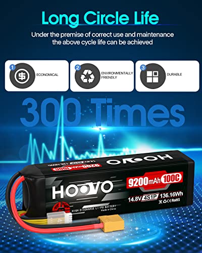 HOOVO 4S Lipo Battery 9200mAh 14.8V 100C with XT90 Plug Soft Case 2 Pack | Metal Plate Softcase battery, for RC Truck Truggy Buggy Tank RC Car Racing Hobby